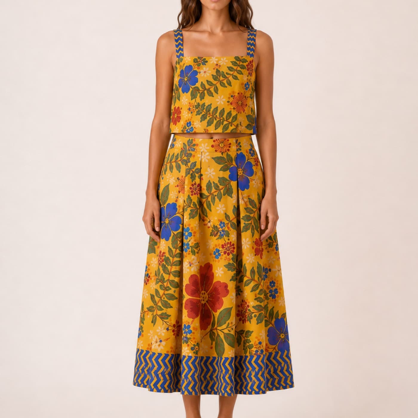Sarı Çiçekli Etek-Bluz Takım